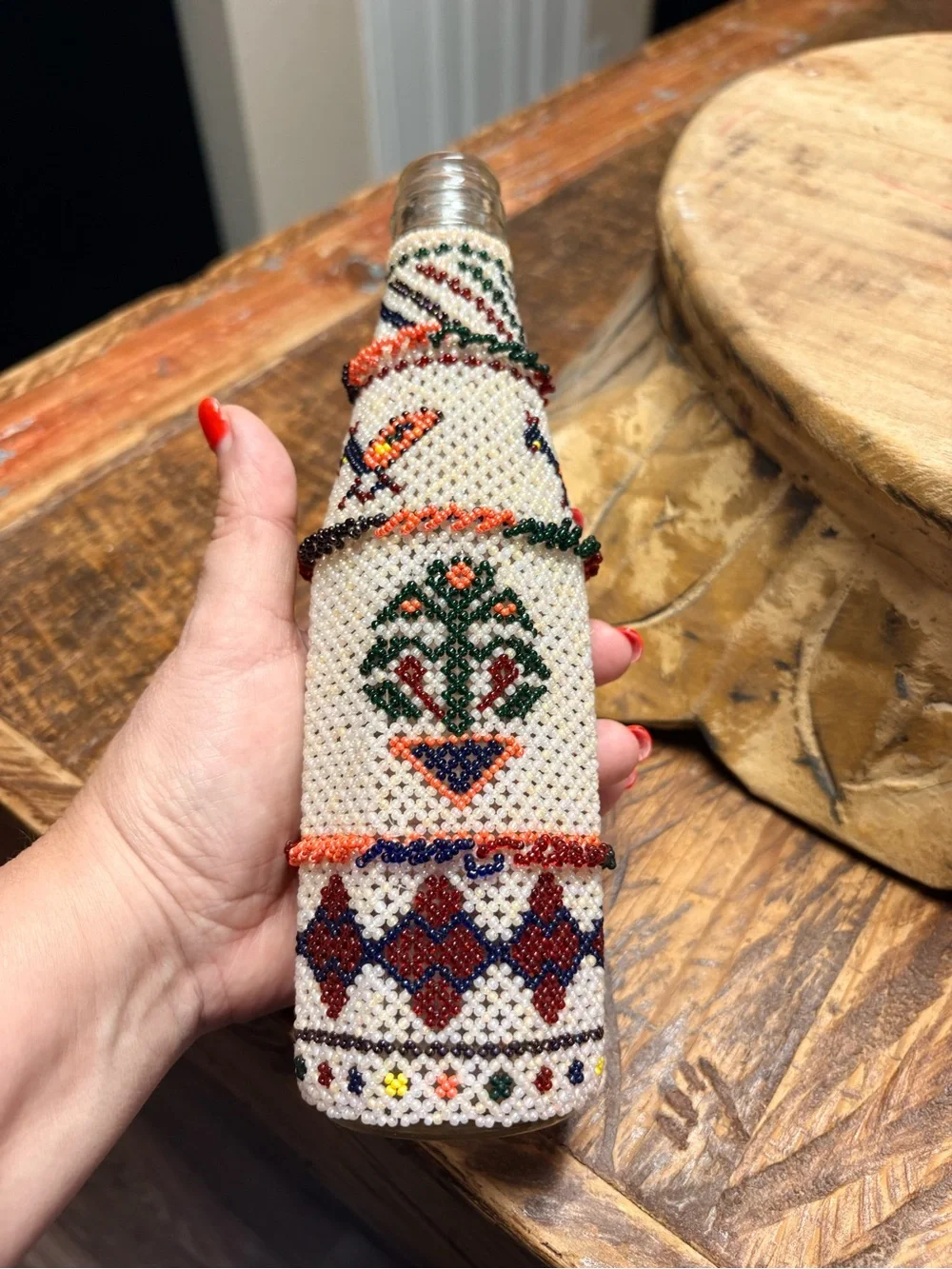Vintage 1970’s Ethnic Tribal Handmade Beaded Decorative Glass Bottle 9” Tall